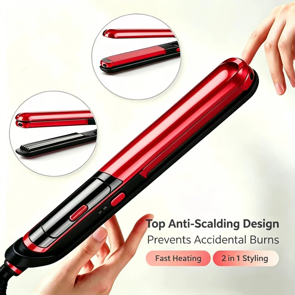 2 in 1 Hair Straightener & Crimper Iron, Electric Corrugation Wave Ceramic Hair Styling Tool, Anti-Scald for Home Salon