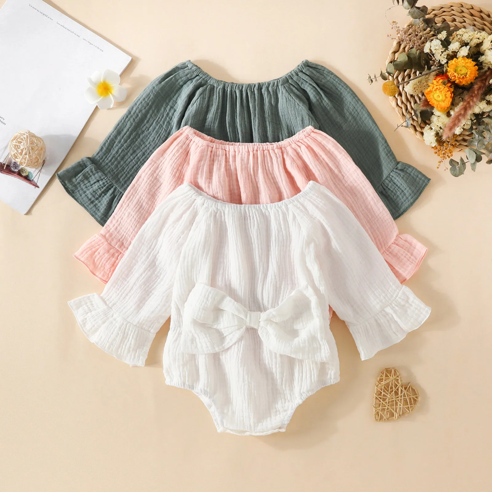 

Newborn Infant Baby Girls Romper Cotton Flare Sleeve Baby Playsuit Jumpsuit Infant Bowknot Rompers Onepiece Clothes Bodysuit