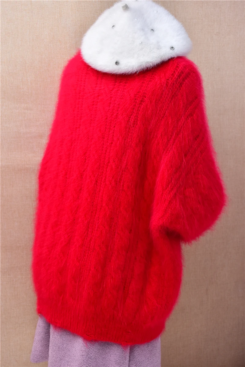 ملابس نسائية للخريف والشتاء موضة الجاكار الأحمر شعر الأنجورا أرنب الشعر محبوك س الرقبة طويلة الأكمام فضفاضة سترة البلوز #5