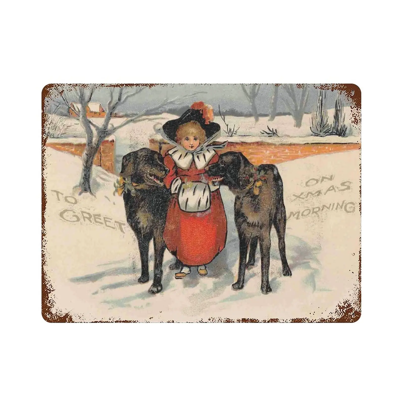 Dreacoss Metal tin Sign，Retro Style， Novelty Poster，Iron Painting，Girl with Large Dogs Merry Christmas Holiday Greetings Tin Sig