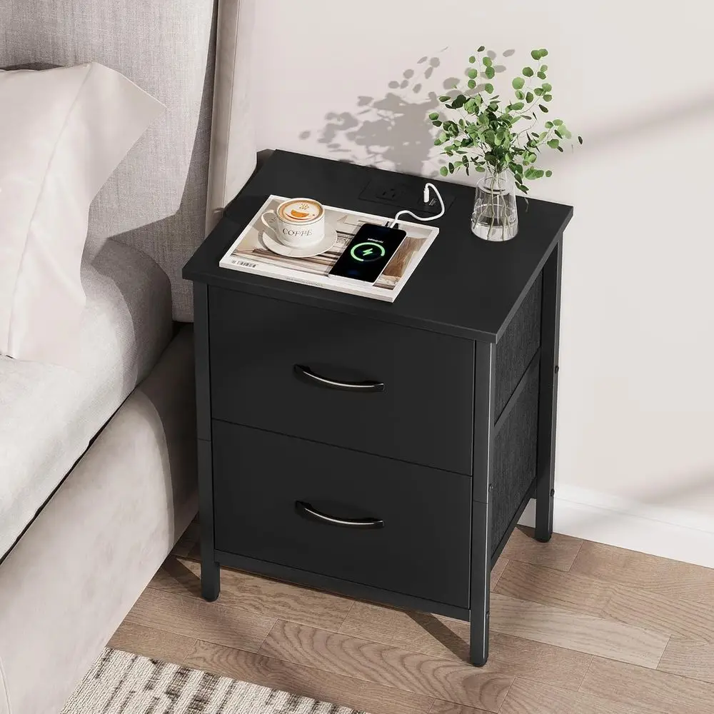 Nightstand Set of 2 with Charging Station, End Table Bedside Table with Power Outlet & USB Ports, Side Table with 2 Fabric Drawe