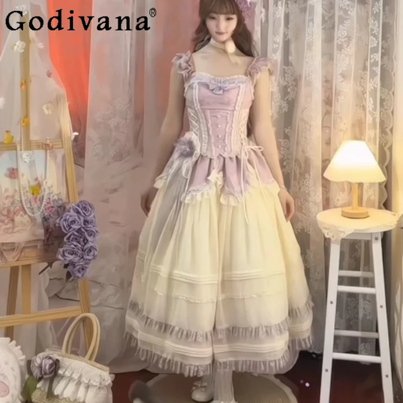 

Sweet Elegant Princess Dress Summer New Woman's High Waist Slimming Bow Lace Splicing Evening Dress Ball Gown Vestido Feminino