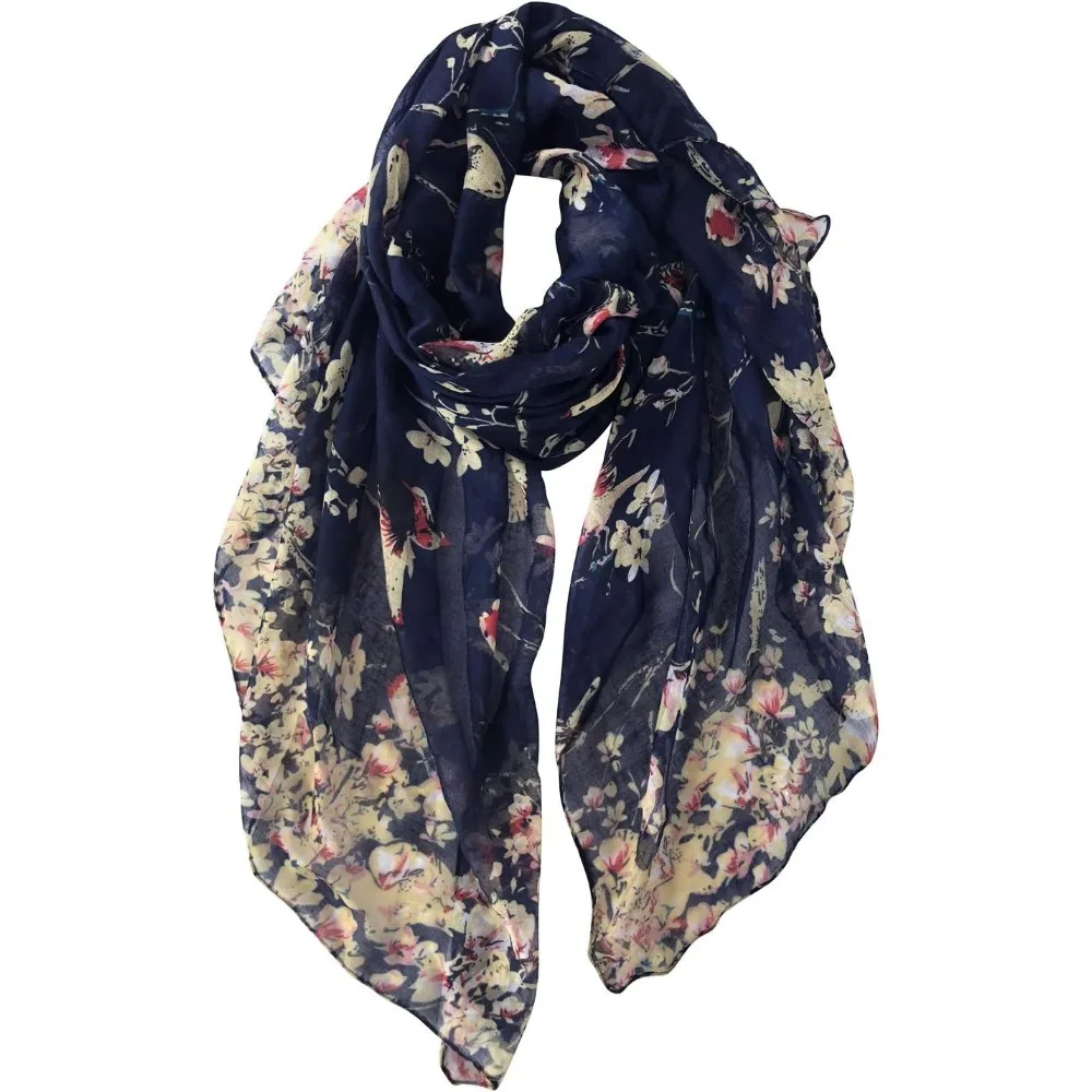 Syal untuk Wanita, Ringan, Motif Bunga dan Burung, Bahan Katun, Syal dan Selendang untuk Musim Dingin