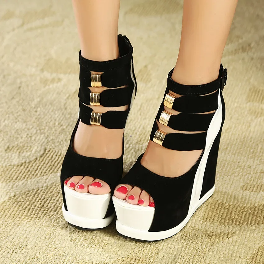 New Genuine Women Platform Sandals Wedges High heel 14cm Peep Toe Mixed Colors Sweet Woman Shoes Sexy Ladies Shoes