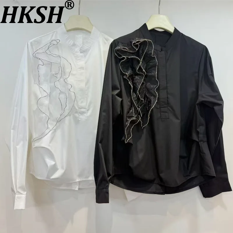 

HKSH Spring Autumn New Women Shirt Stand Collar Three-Dimensional Ruffled Spliced Long Sleeves Asymmetric Elegant Blouse HK16440
