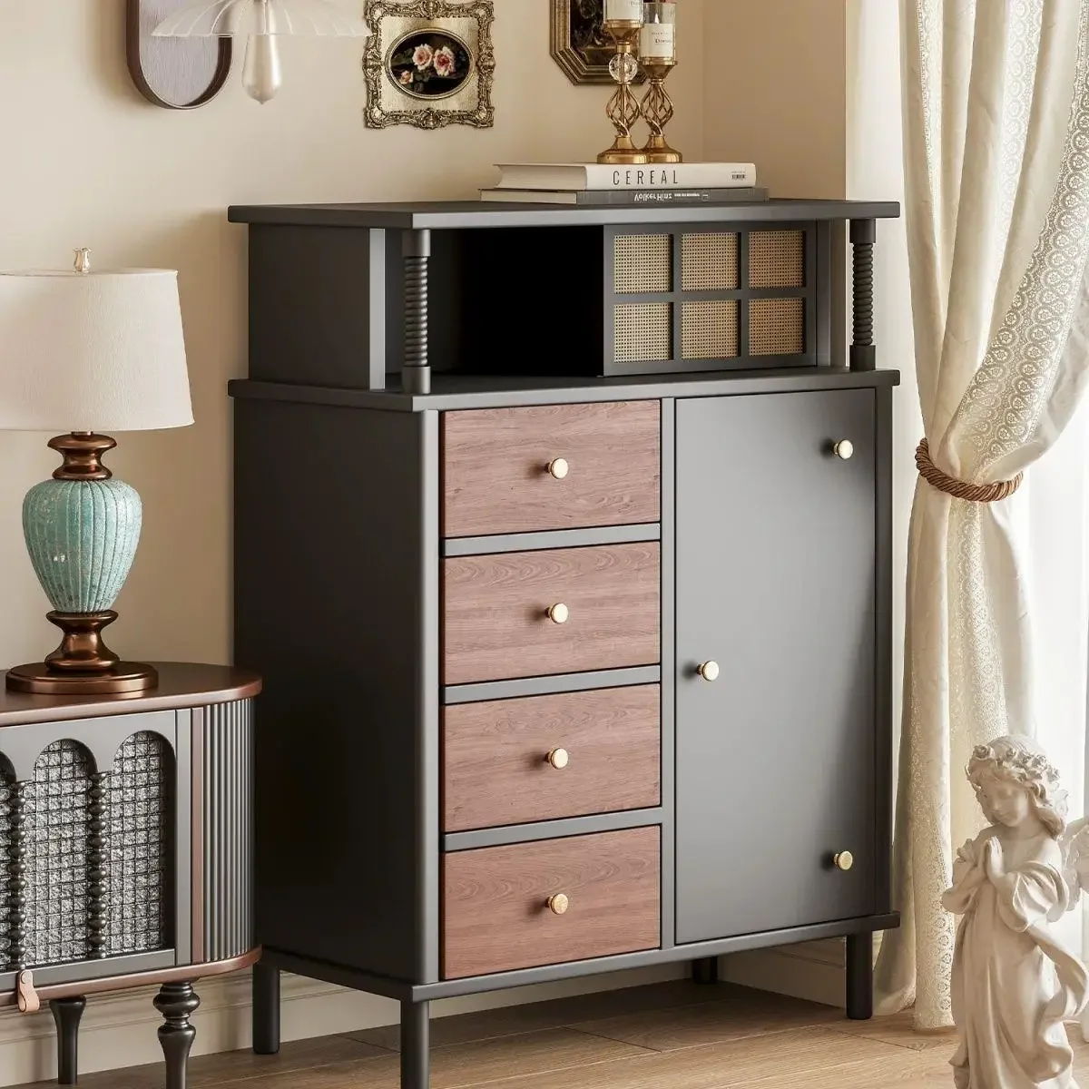 Retro American rattan chest, red and black color matching, bedroom wall vertical cabinet, chest of drawers, simple storage