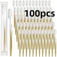 100 cepillos de dientes desechables de viaje empaquetados individualmente, artículos de tocador de pelo suave para adultos, camping, invitados en hotel [Oro]