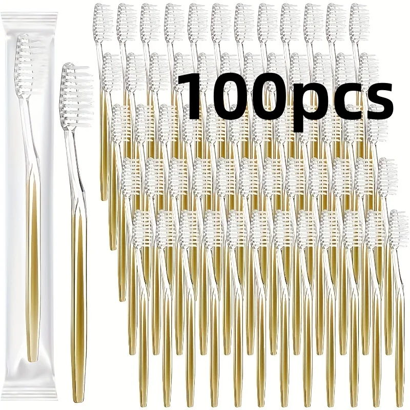 100 Individually Packaged Disposable Travel Toothbrushes, Soft Bristles, Toiletries for Adults and Teenagers for Camping and Hotel Guests [Gold]