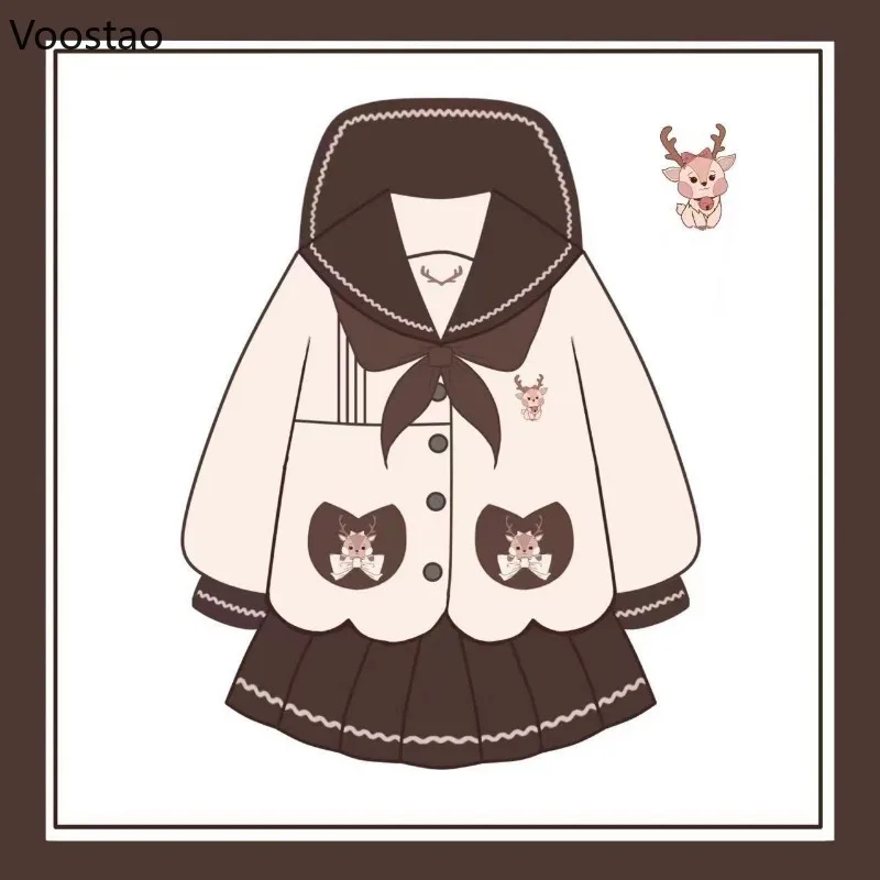 Japanese Sweet School JK Uniform Sets Women Cute Bow Sailor Collar Cartoon Deer Coat Mini Pleated Skirt Y2k Girls Lolita Outfits