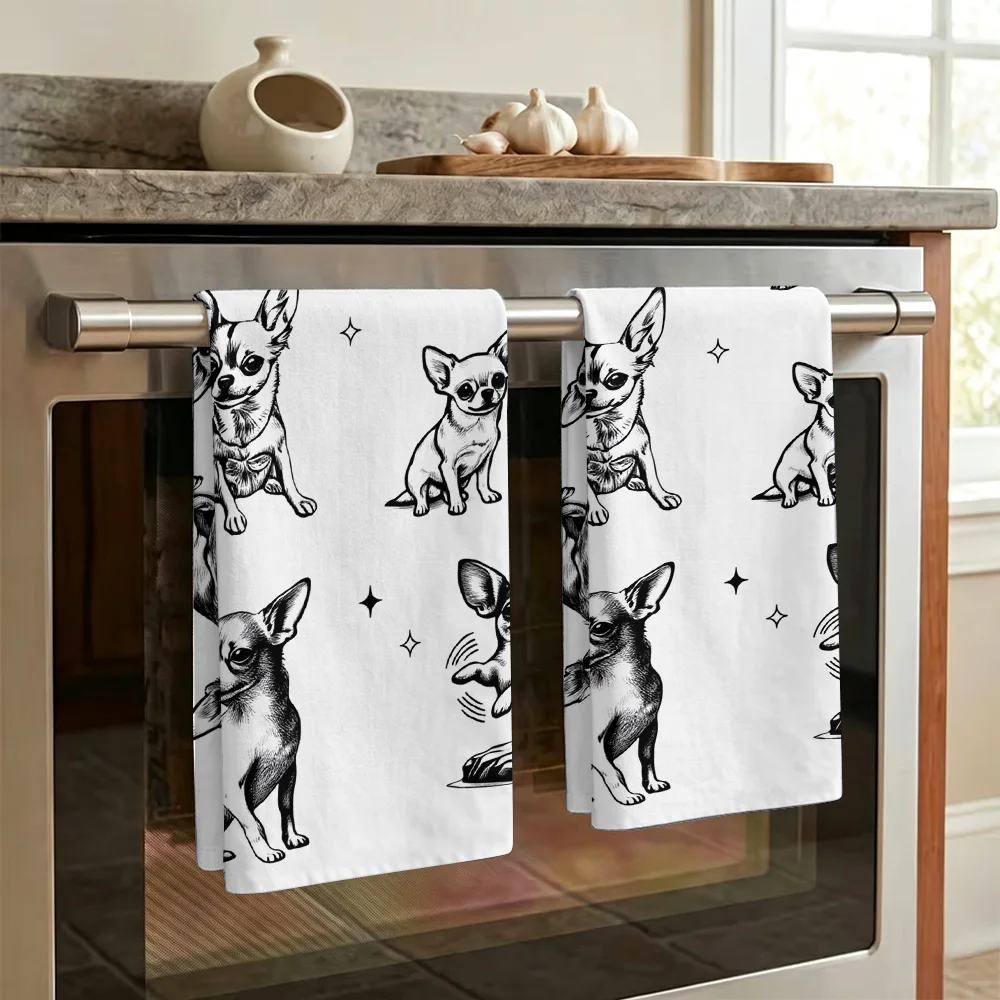 1pc/2pcs Chihuahua Print Kitchen Towel-Super absorbent, reusable polyester dishcloths perfect for home decor, cooking, baking an