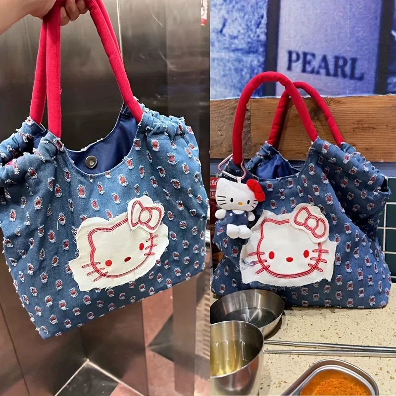 Sanrio HelloKitty Denim Handbag Retro Patch Design Large Capacity Canvas Single Shoulder Handbag Cartoon Single Shoulder Handbag