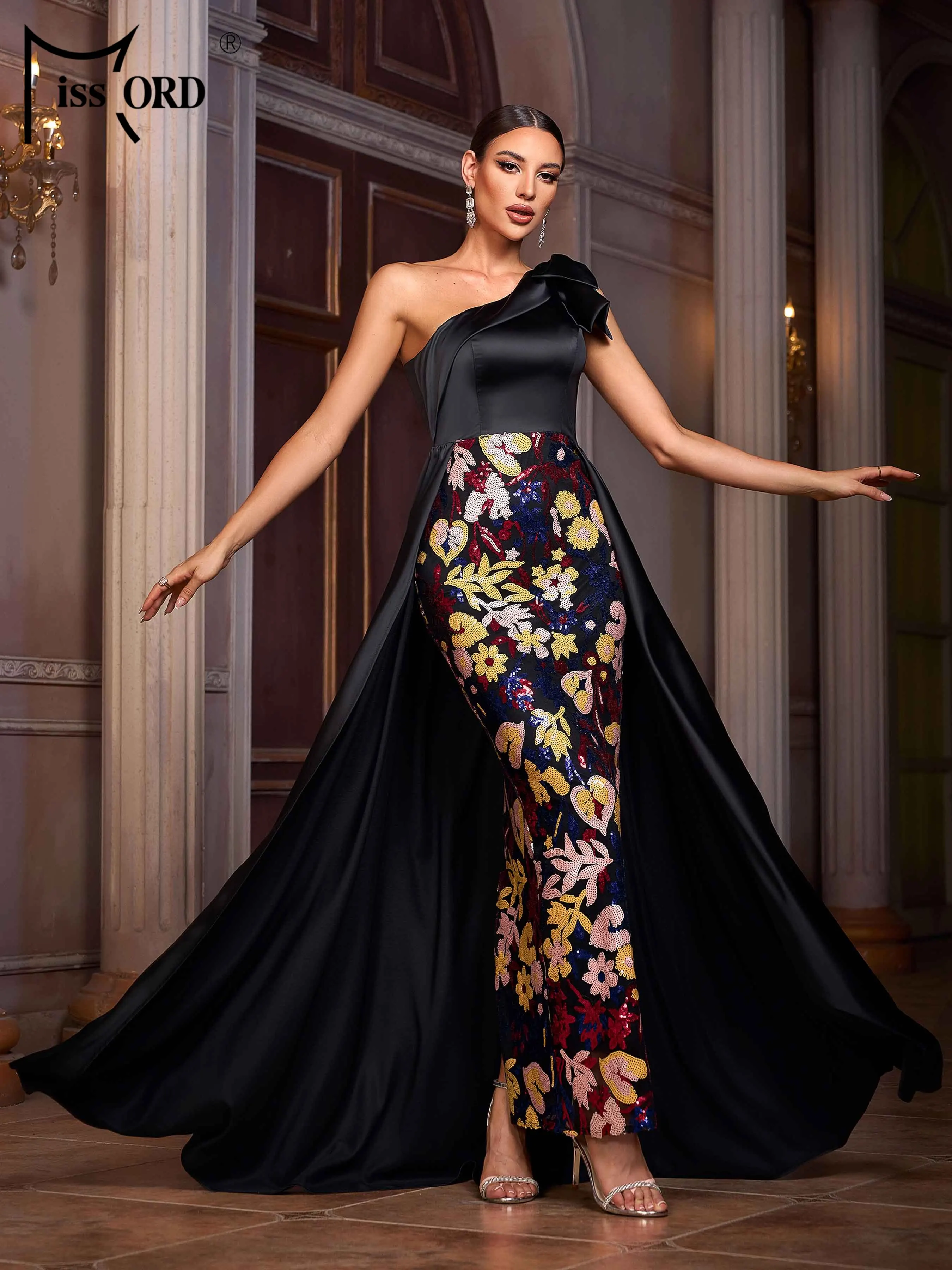 

Missord New Black Church Dress One Shoulder Sequin Mermaid Evening Gown Wedding Birthday Party Formal Occasion Maxi Dresses