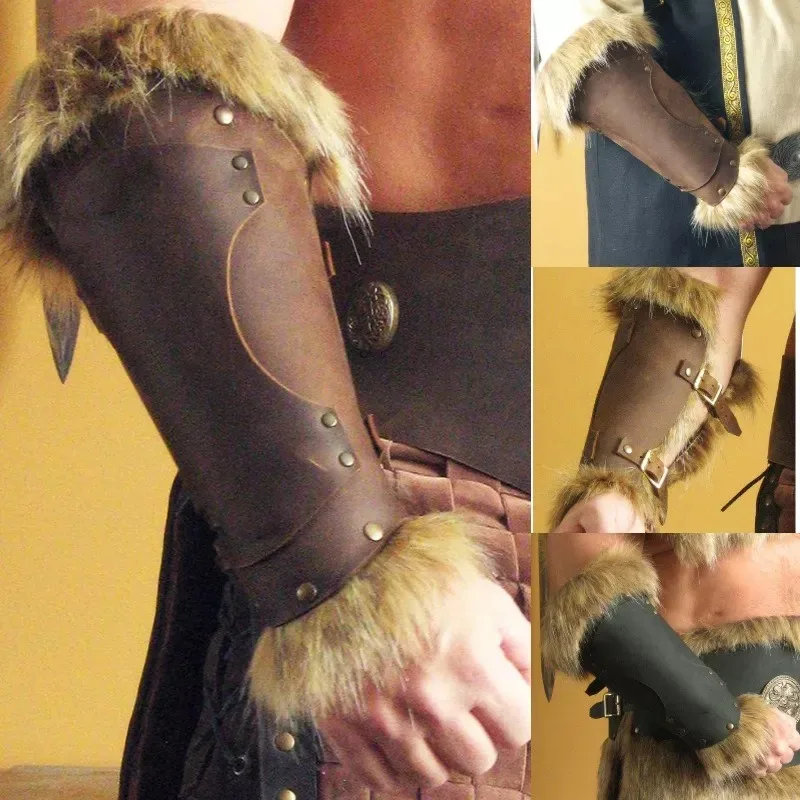 Medieval Viking Warrior Leather Bracer Steampunk Fur Accents LARP Costume for Men Women Riveted Arm Armor Halloween Accessory