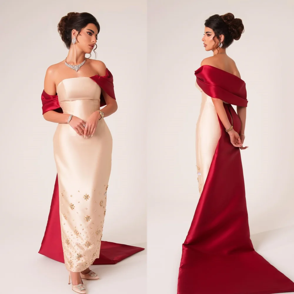 Elegant Satin Sequined Rhinestone Straight Off-the-shoulder Midi Dresses Evening Dresses Fashion Exquisite High Quality