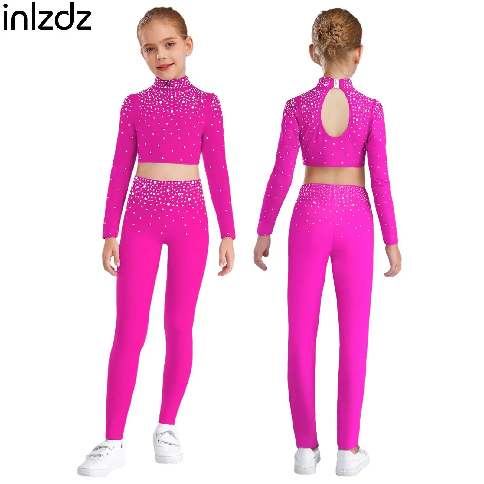 

Kids Girls Jazz Dance Costume Long Sleeve Rhinestones Metallic Crop Top with Pants for Ballet Modern Dance Performance Gymnastic