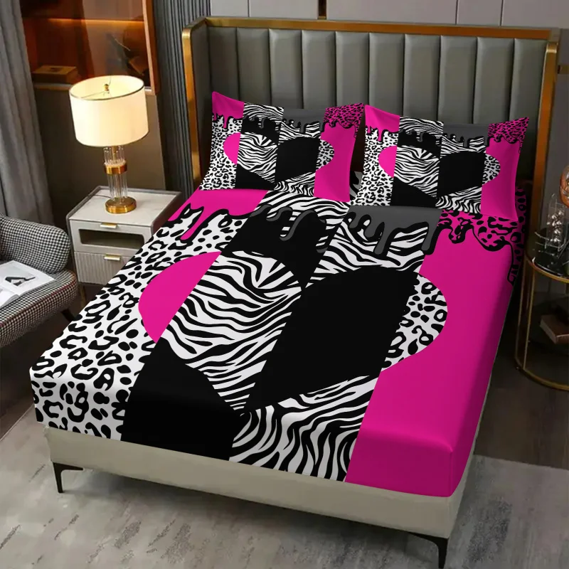 Hot Pink Drip Zebra Leopard Spliced Print Fitted Sheet Set Elastic Non-slip Soft Fabric Y2K Coquette Trendy Dorm Bedroom Bedding