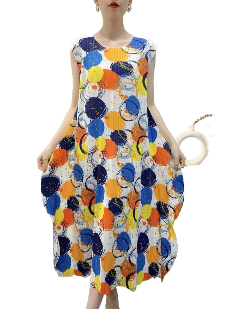 

Miyake Fold Pleated Colorful Dress Women Round Collar Sleeveless A Line Pullover New 2025 Female Loose Female Casual Dresses
