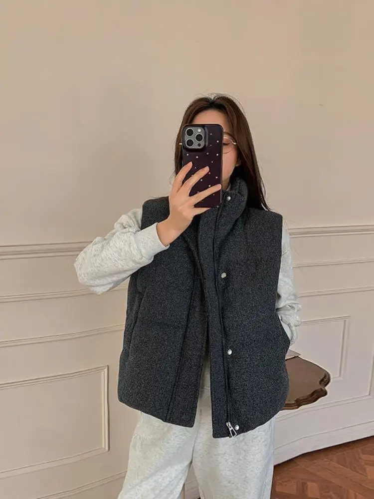 

Женский серый праздничный универсальный короткий хлопковый жилет без рукавов, зимний корейский модный жилет на молнии, повседневный простой жилет