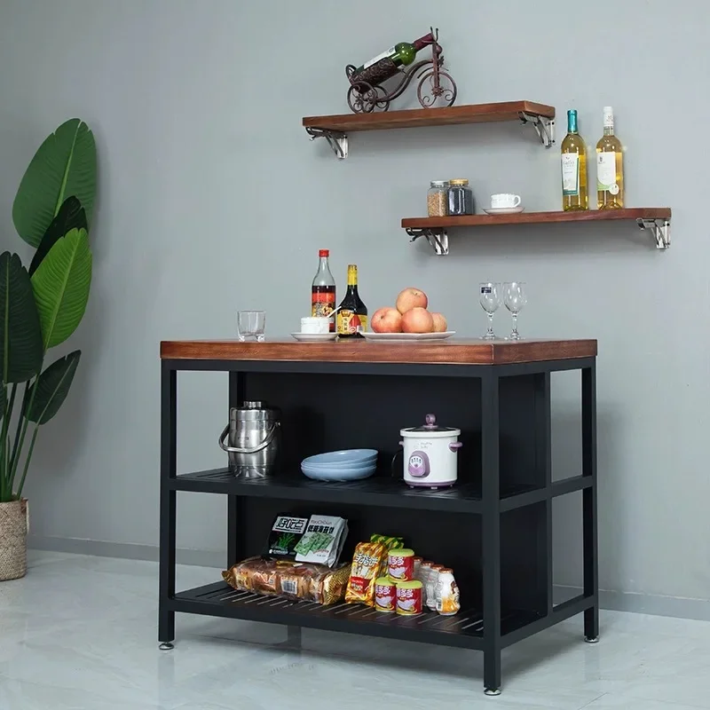 Kitchen island table solid wood dining side cabinet wrought iron retro table cooking table oven cabinet storage console