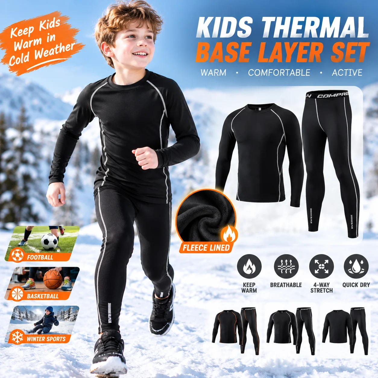 Kids Thermal Underwear Set Fleece Lined Compression Shirt Pants Warm Base Layer for Football Soccer Basketball Winter Sports