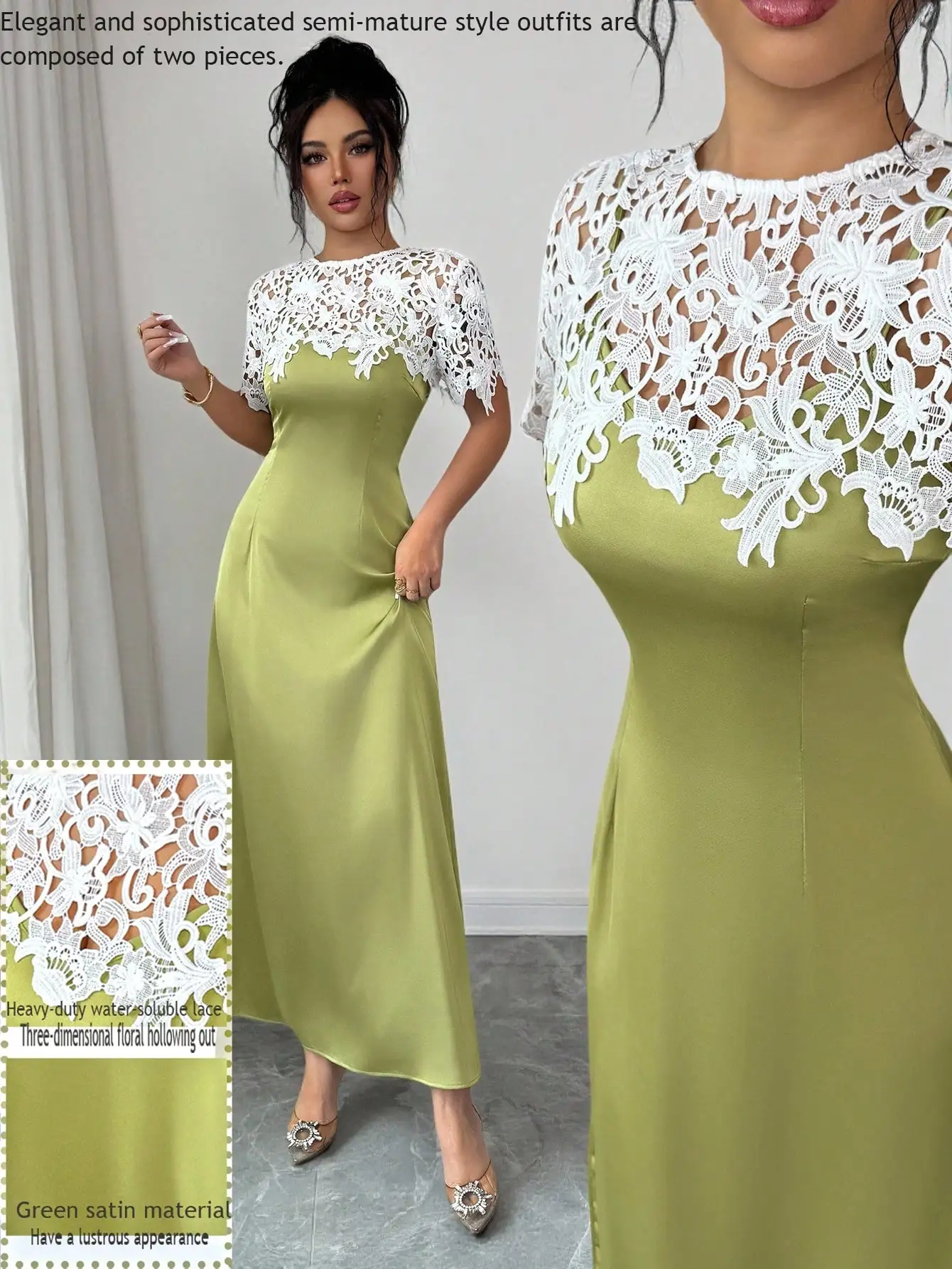 

Изысканное зеленое атласное макси-платье с 3D-цветочным кружевным декором, драпировкой на талии, элегантное для вечерних мероприятий и особых случаев