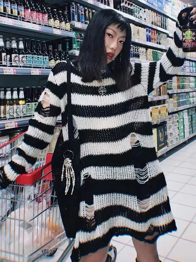 Long Sweater Long Sleeve Pullovers Autumn Winter Hollow Out Cool Hole Broken Streetwear Punk Gothic Knitted Striped Unisex Tops