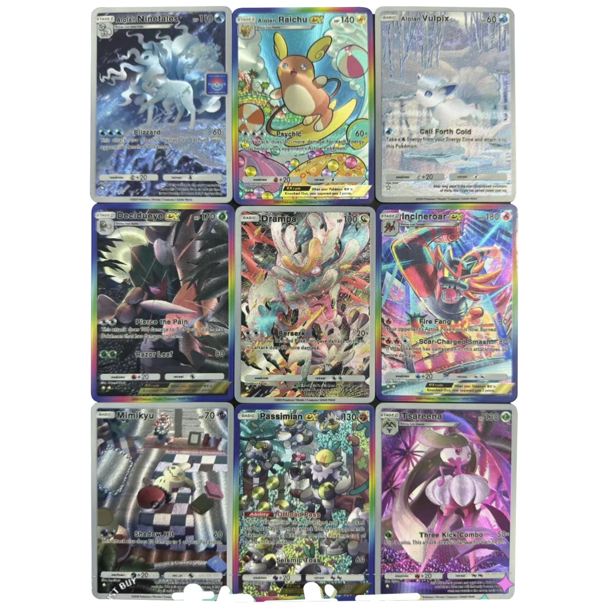 9 Pçs/set PTCG Inglês Mimikyu Ninetales Drampa Raichu Textura Cartão Flash Self Made Jogo Clássico Anime Coleção Cartões Brinquedo