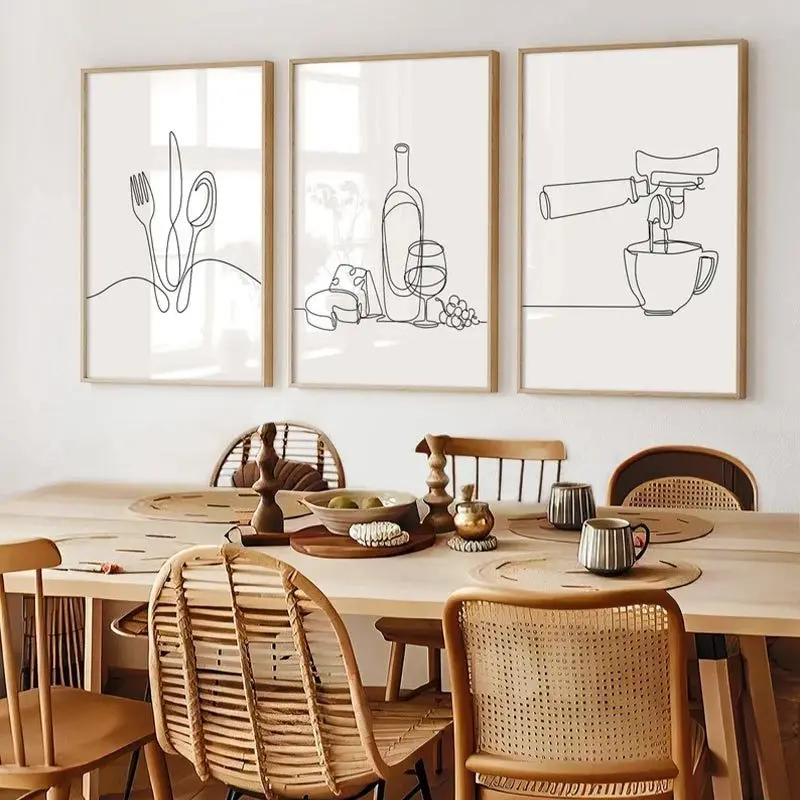 Canvas painting minimalist black and white thread kitchen wine cheese coffee tableware mural