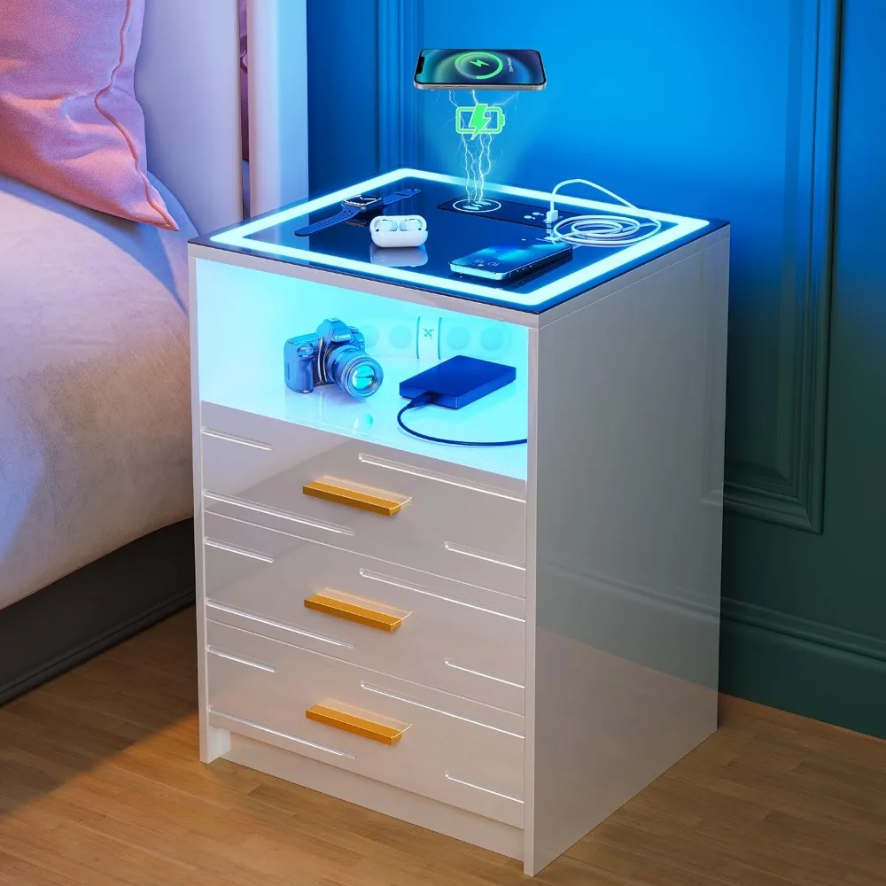 LED bedside table with wireless charging station and 3-color dimmable automatic sensor, used for bedroom furniture