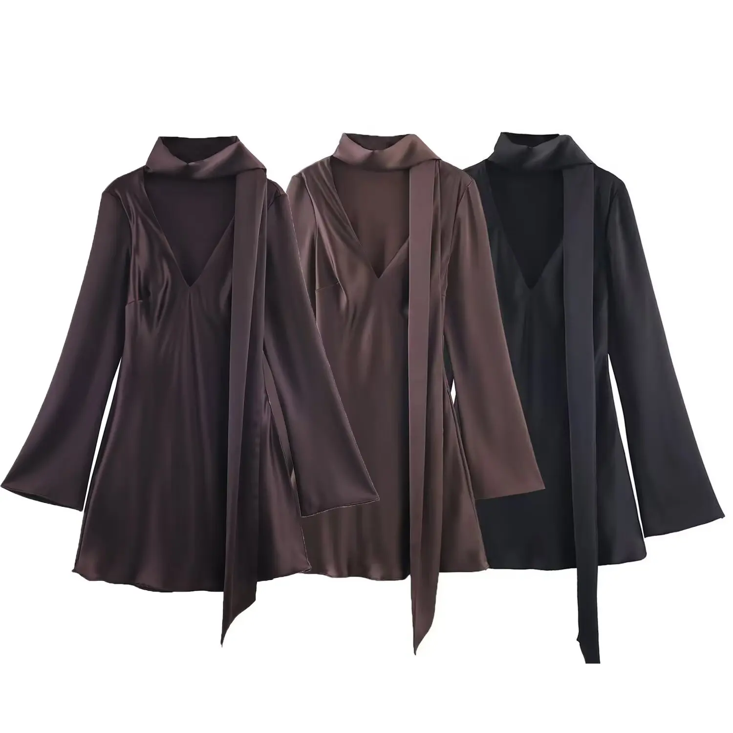 실크 새틴 느낌 스카프 V넥 여성용 가을 신상 스트레이트 컷 롱 스카프 출퇴근용