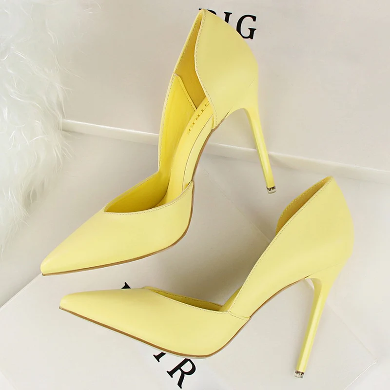 Summer Women 10.5cm High Heels Leather Pumps Female Escarpins Elegant Sweet Yellow Pink Stiletto Lady Wedding Heels Hollow Shoes