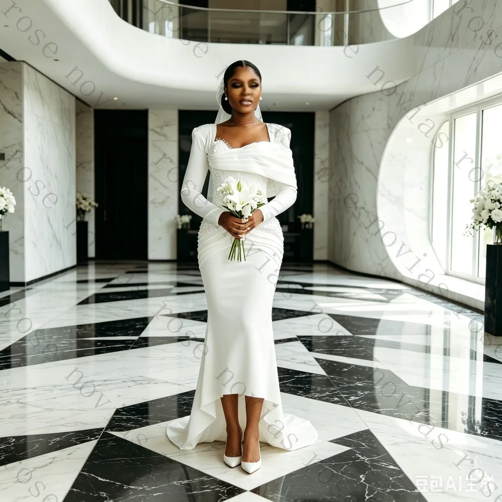 Customized Nigeria Civil Bridal Gown White Sheer Neck Long Sleeves Pearl Corset Tea Length Wedding Dress Vestidos De Novia 2026