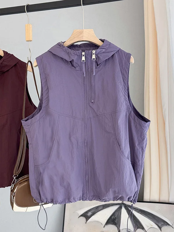 

Ladies Casual Loose Lightweight Hooded Vest Spring Fashion Sun Protection Outerwear Thin Jacket Zipper Closure Other Material