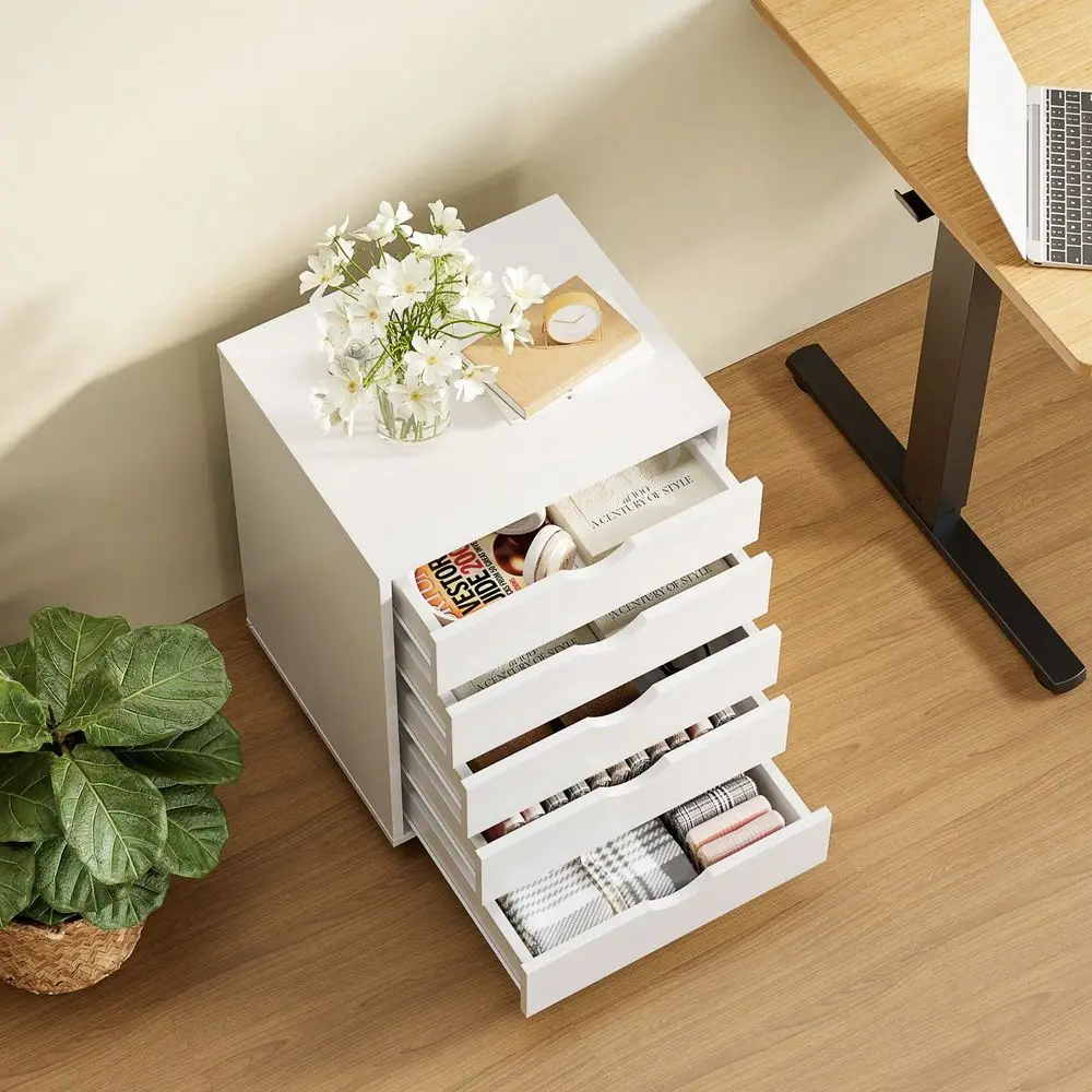 

5 Drawer Storage Organizer, Wood File Cabinets With Wheels, Large Printer Stand For Home Office Study Dressing Room, Set Of 1,