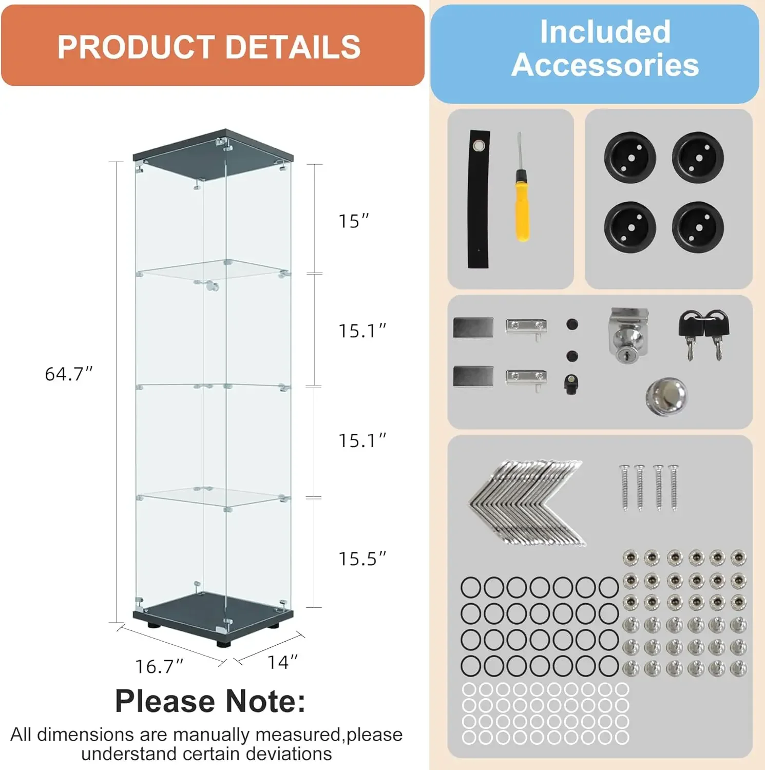Tempered Glass Display Cabinet 4-Shelf Curio Cabinet with Security Lock 5mm Display Shelf Showcase for Living Room/Bedroom/Offic