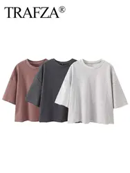 TRAFZA Women Vintage Solid T Shirts Short Sleeve O Neck T-Shirt Loose Casual Female 2024 New Fashion Basics Chic Top Tees