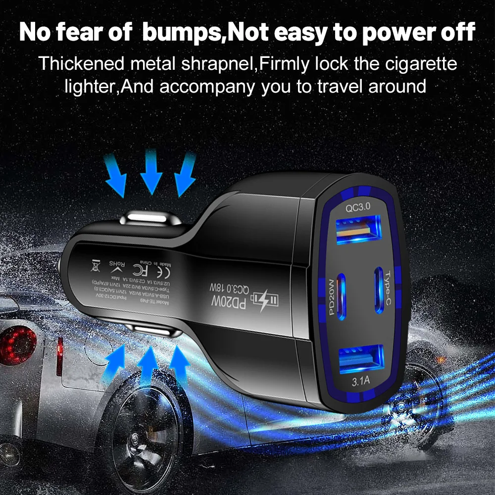 Multi Port 63W Car Charger Fast Charging Adapter With Dual PD 20W Type C and QC 3.0 USB A Ports For Smart Phones & Tablets view 5