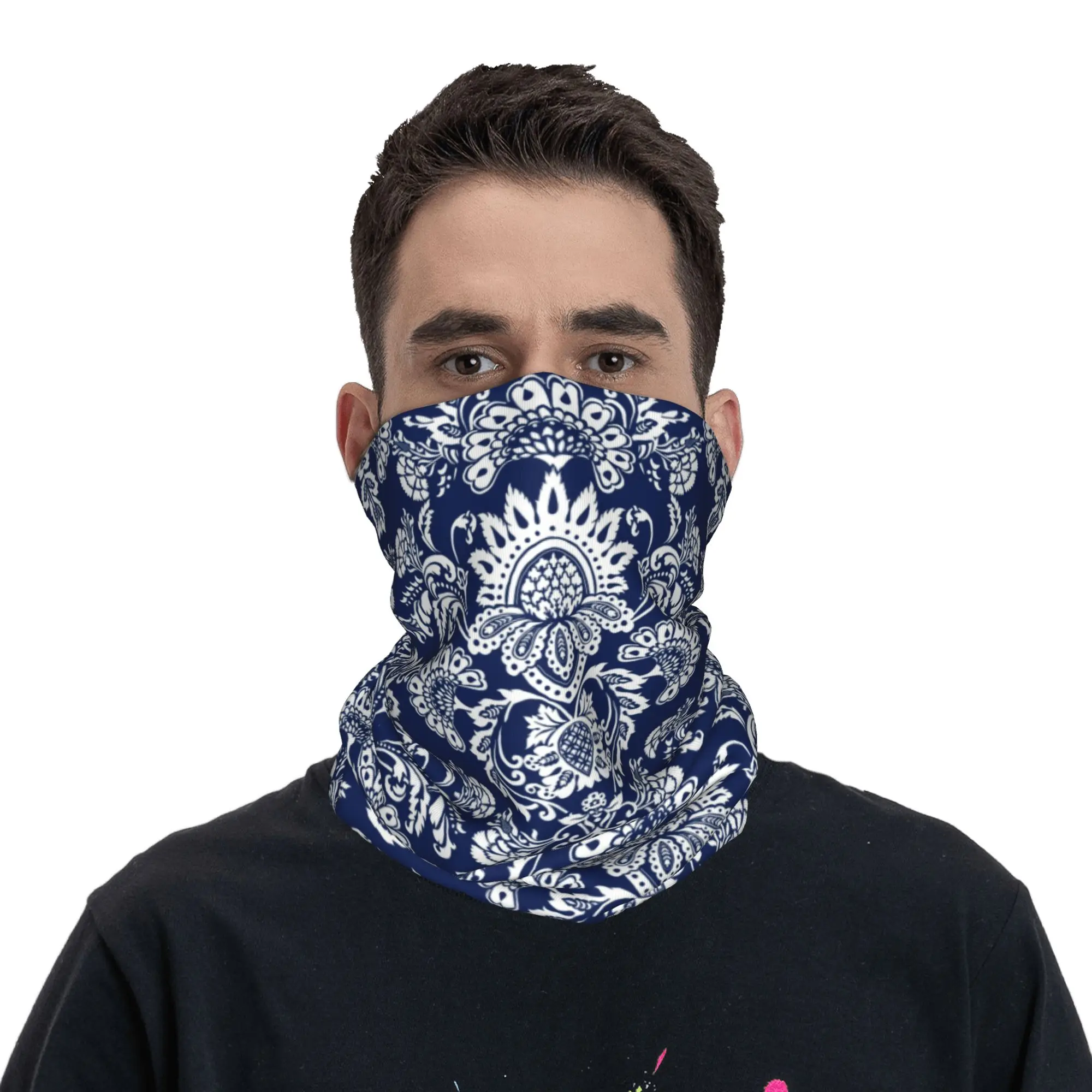 Custom White and Blue Damask Bandana Neck Gaiter for Ski Running Men Wrap Scarf Bohemian Floral Paisley Style Balaclava Warmer