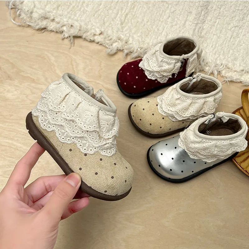 

2025 Winter New Children Short Boots for Girls Fashion Korean Style Soft Bottom Anti-slippery Versatile Princess Baby Lace Shoes