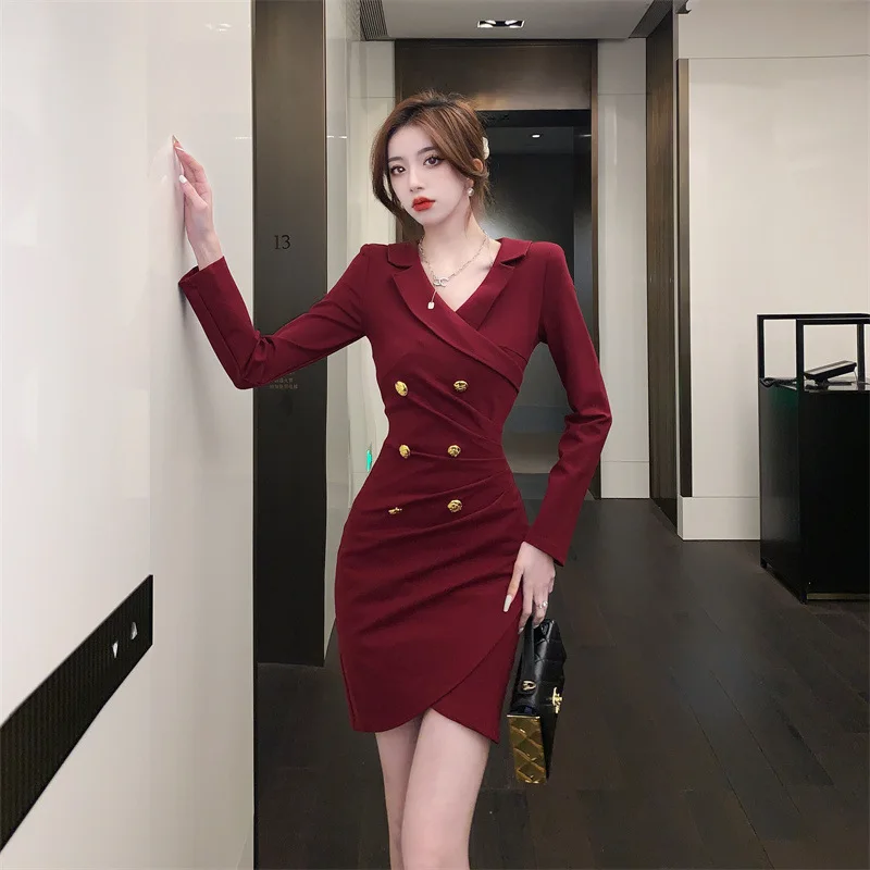 Fashion Slim Short Dresses Autumn and Winter New Dresses for Women 2023 Turn-down Collar Folds A-line Mini Solid Red Dress