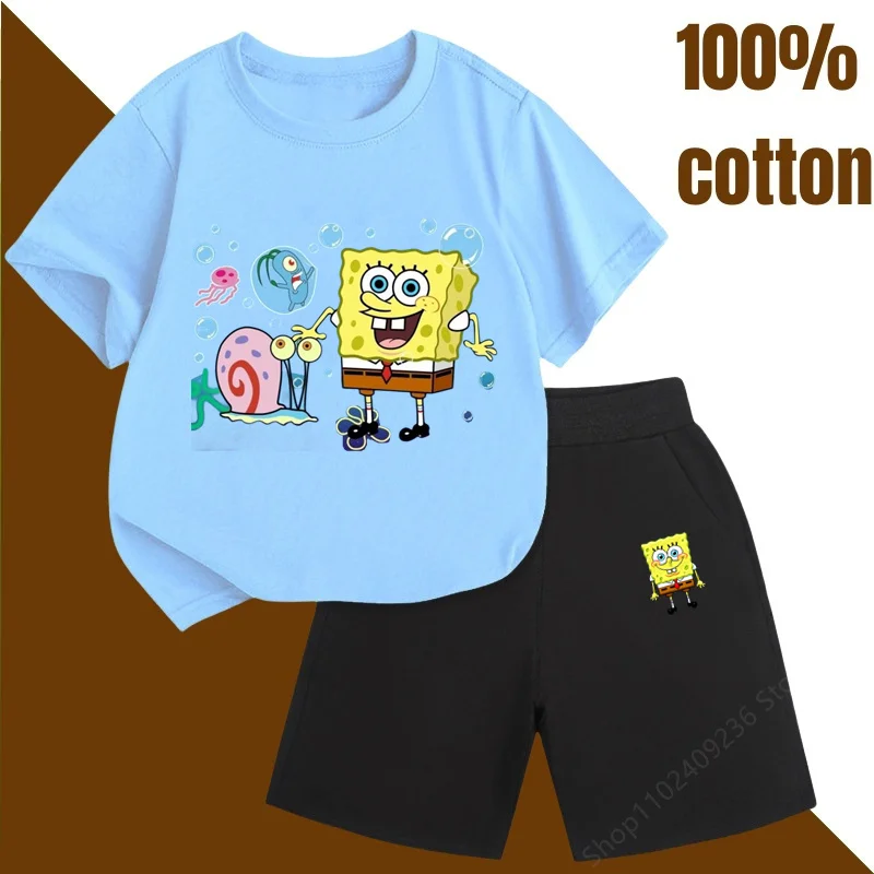 2024 New Cartoon Spongebob Stitched 100% Cotton Suit Children  Summer Children T-Shirt Boys Girls Short Sleeve Child Sets