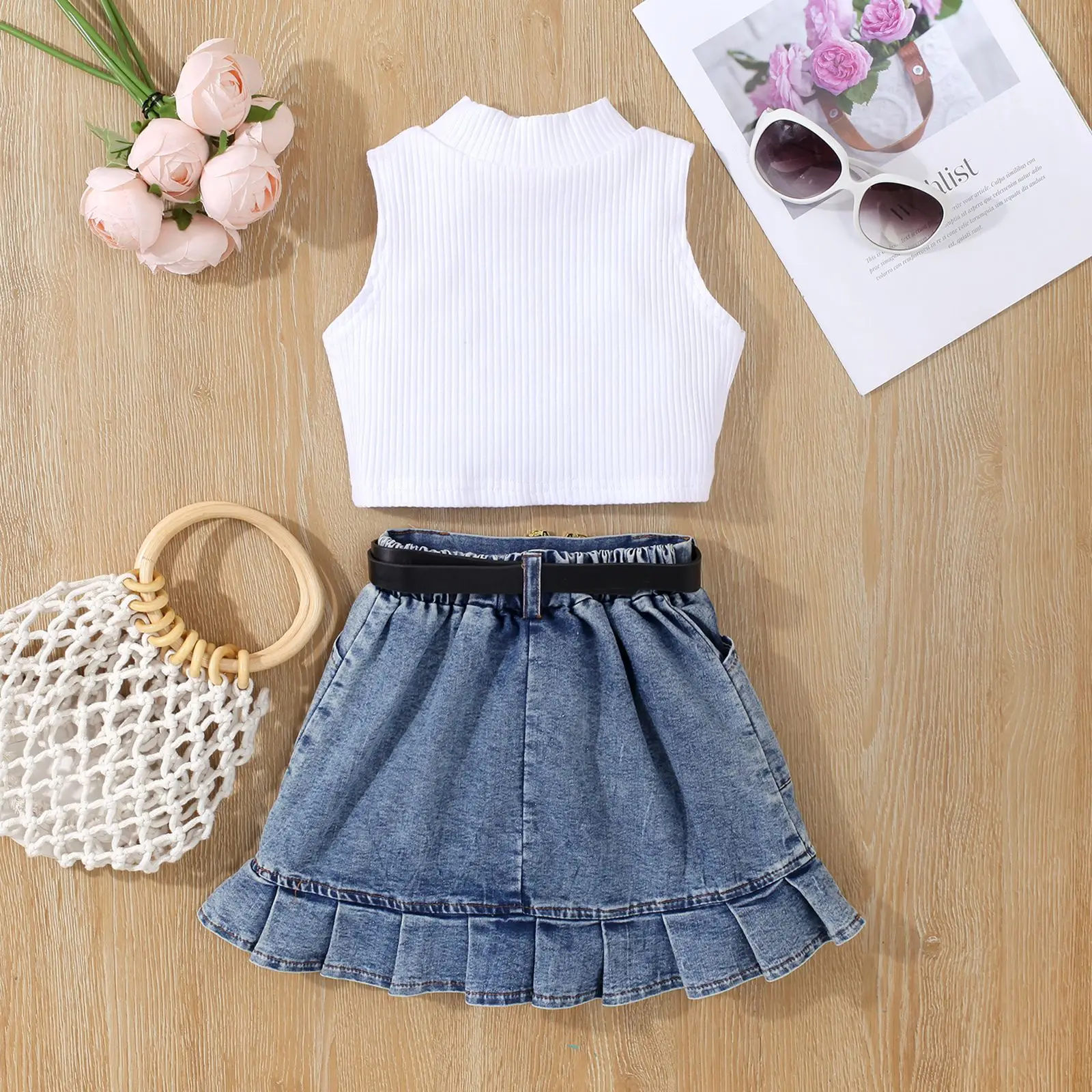 2Piece Sets Summer Kids Clothes Girl Fashion Cotton Sleeveless Black Baby Tops+Denim Skirt Children Boutique Clothing BC1091