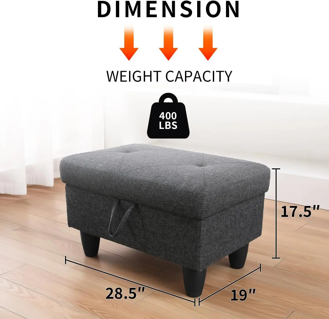 28.5 Inch Large Square Storage Ottoman Bench, Footstool with Storage, Foot Rest, Coffee Table, Thick Cushion, Black Linen, for Living Room, Bedroom, Entryway, Home Decor, RV Car, Loft