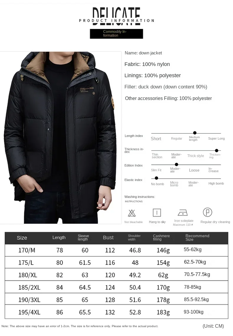 Jaqueta luxuosa leve masculina, 90% branca para baixo, casaco quente, chapéu casual de negócios, jaqueta longa na moda, inverno, 2024