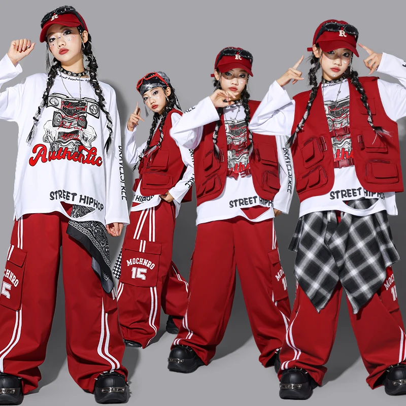 

Girls Jazz Dance Hip Hop Outfit Child Model Catwalk Stage Dance Show Costume Red Vest +Tee Top +Cargo Trousers Bottom Age 3-14Y