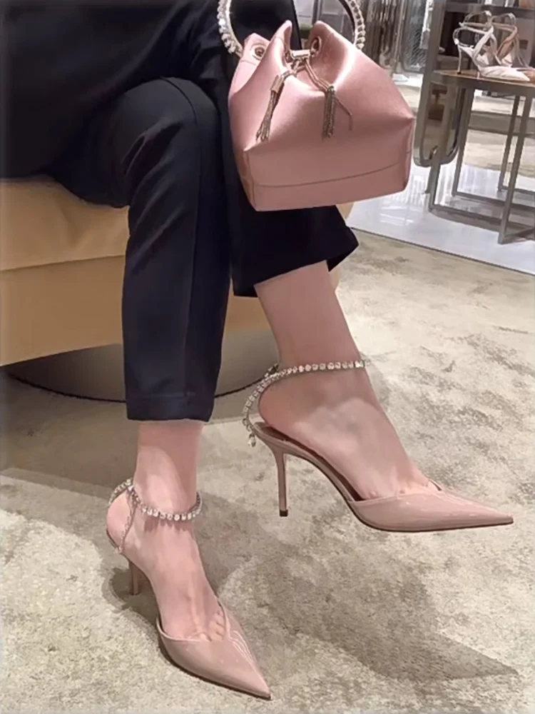 

Summer New Water Diamond Nude Color Sexy Pointy High Heel Shoes with Fine Heels and Bow Head, One Button Sandals for Women