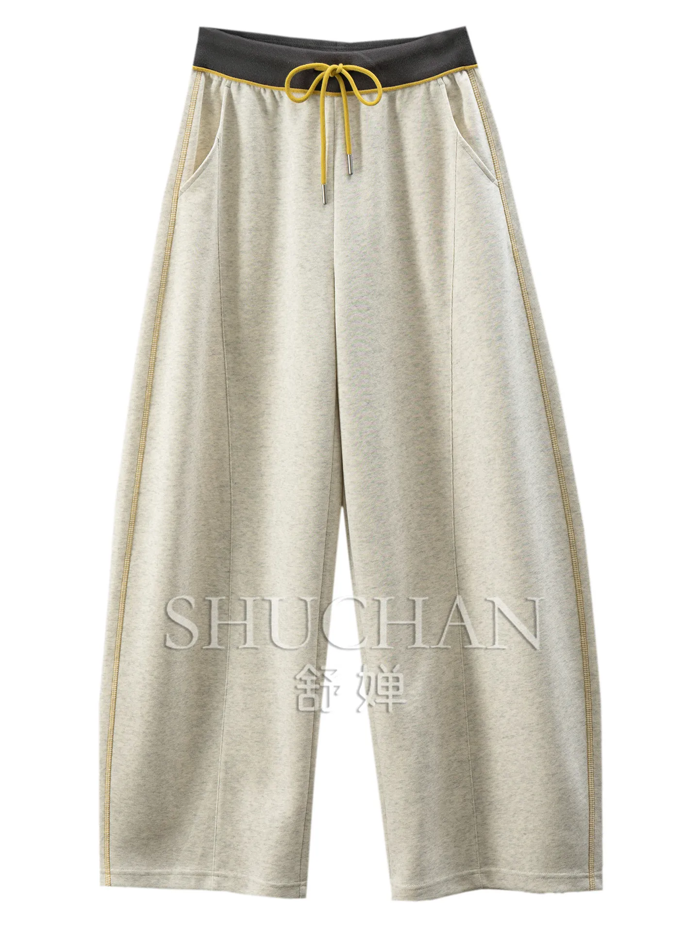 Early Autumn High-quality Contrasting Color Knitted Waist Scimitar Wide-leg Sweatpants Women's 70J0