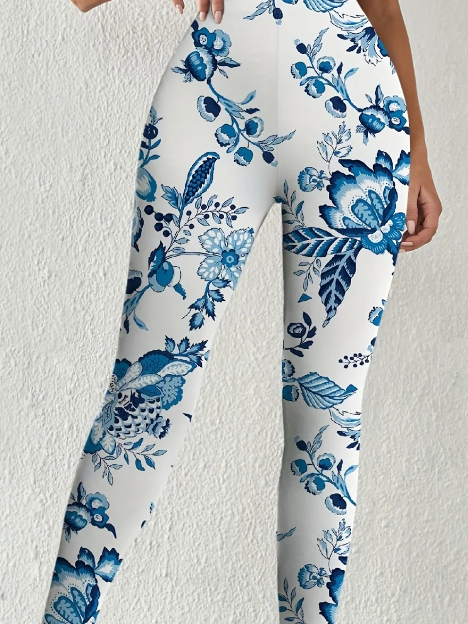 Women Mid‑Waist Fleece Lined Ankle Length Leggings Blue White Porcelain Floral Print Stretch Slim Warm Elastic Casual  Pants