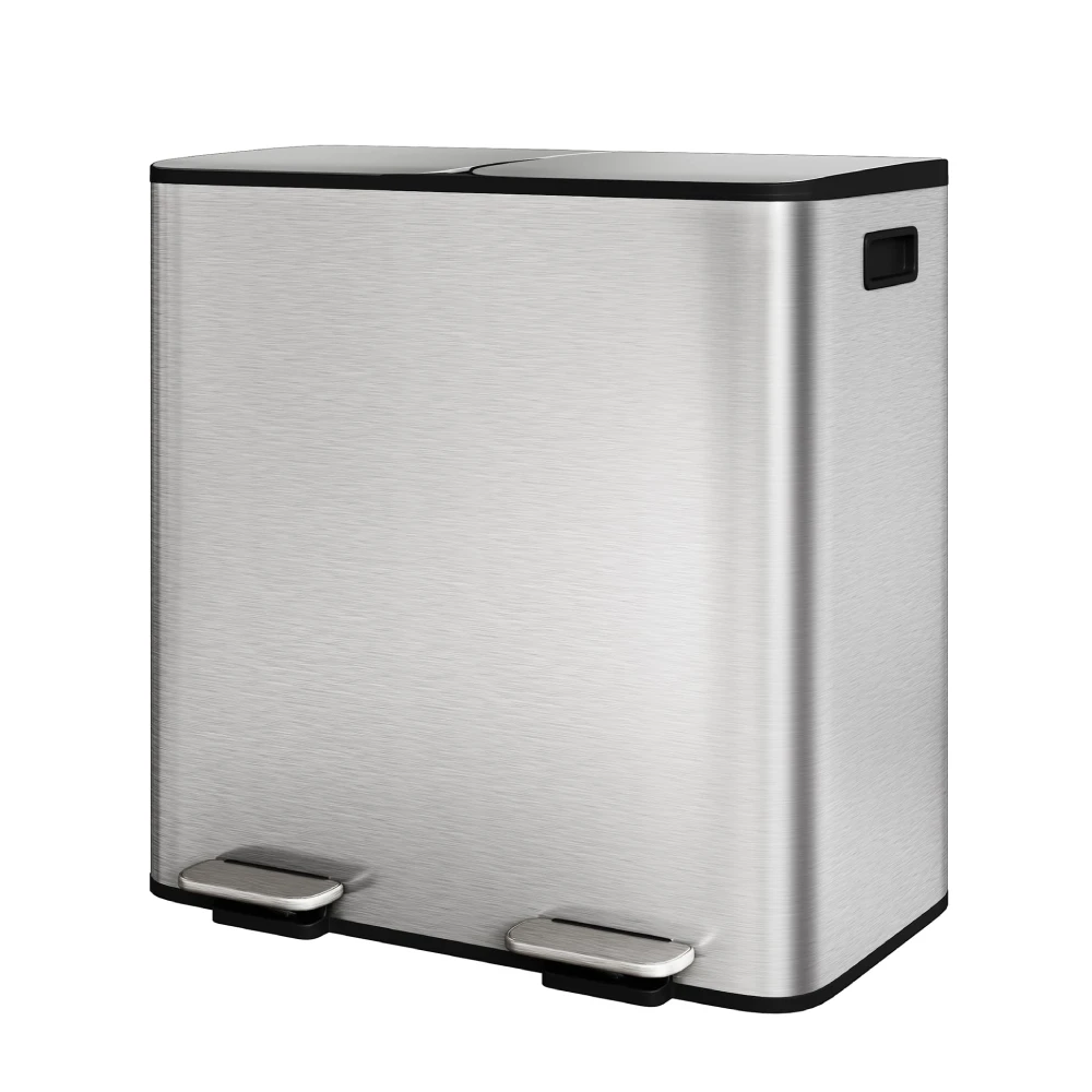 Large Dual Compartment Kitchen Trash Can Set of 2 10.6 Gal, Step-on Stainless Steel Recycle Garbage Bin with Lid, Removable PP Inner Buckets and Liner Rim for Home Kitchen