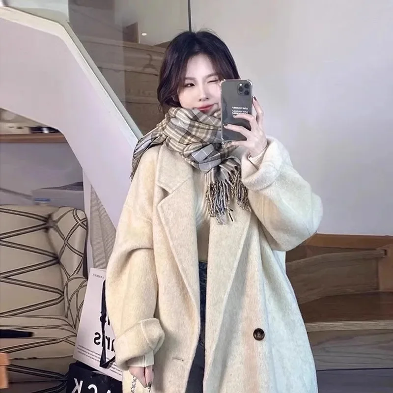 2024 Winter Korean Handmade Double Breasted Long 100% Wool Coat Women Casual Loose Woolen Overcoat Oversized